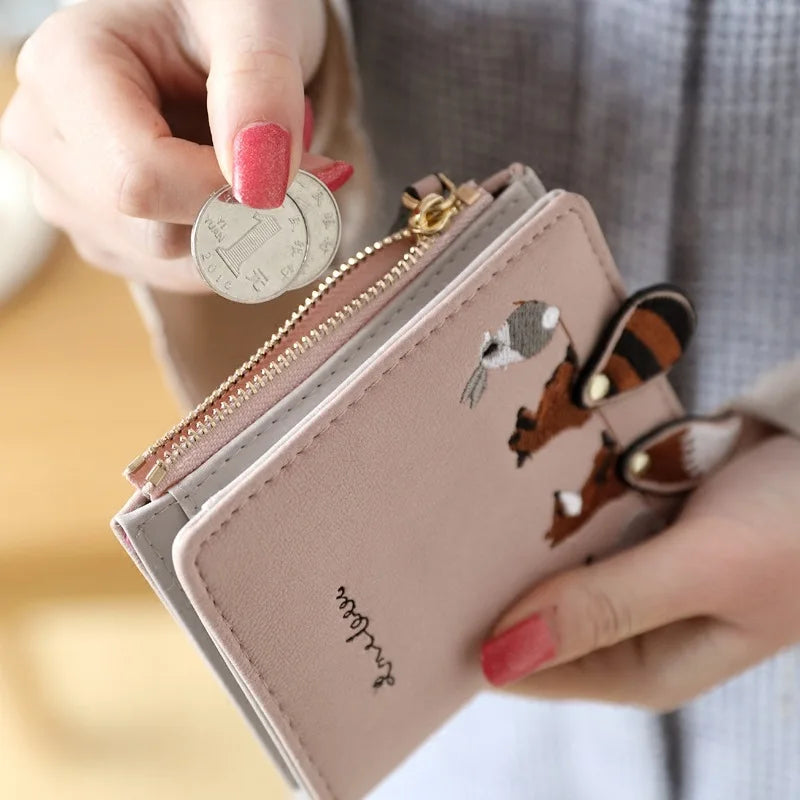 New Cute Animals Embroidery Wallets Purse for Women 2 Folding Designer Girls Mini Hasp Coin Wallet Female Ladies Short Money Bag