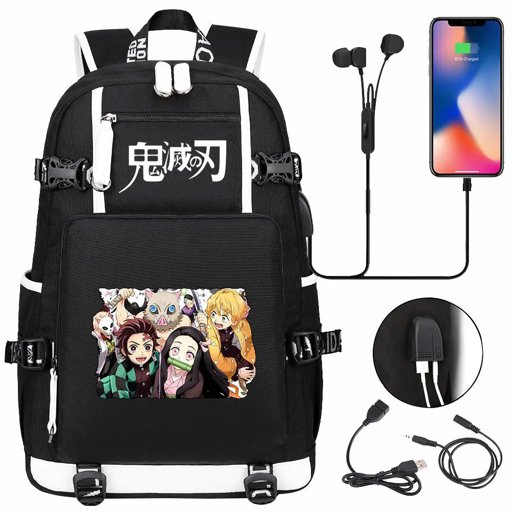 New Cute Anime Demon Slayer Tanjirou USB Boy Girl Book School Bag Large Capacity Teenagers Student Schoolbags Women Men Backpack