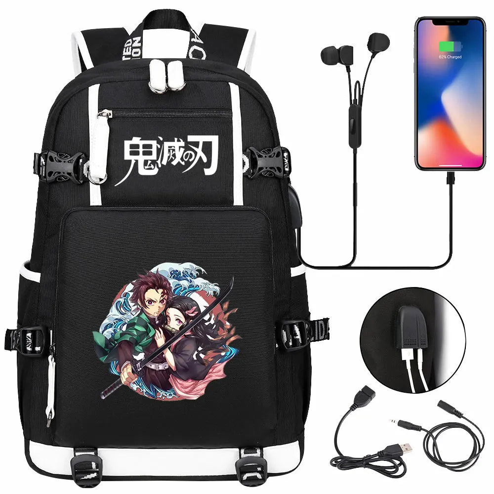 New Cute Anime Demon Slayer Tanjirou USB Boy Girl Book School Bag Large Capacity Teenagers Student Schoolbags Women Men Backpack