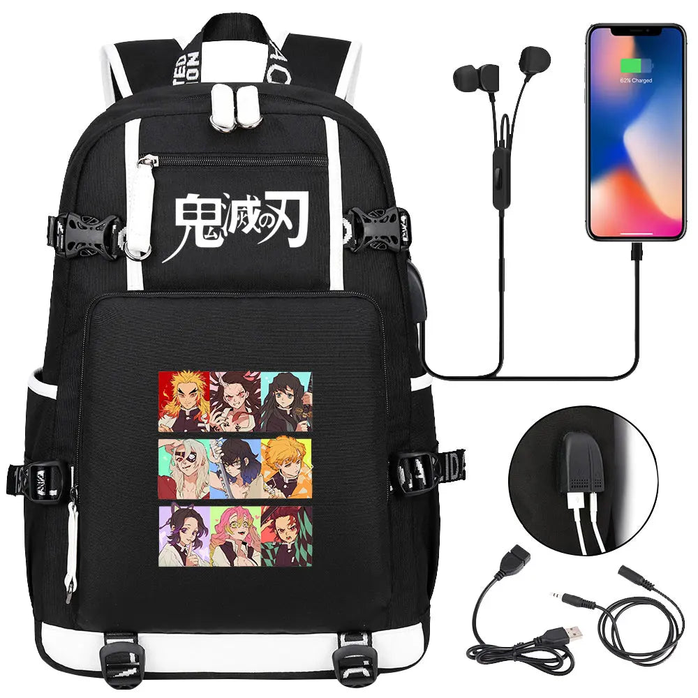 New Cute Anime Demon Slayer Tanjirou USB Boy Girl Book School Bag Large Capacity Teenagers Student Schoolbags Women Men Backpack