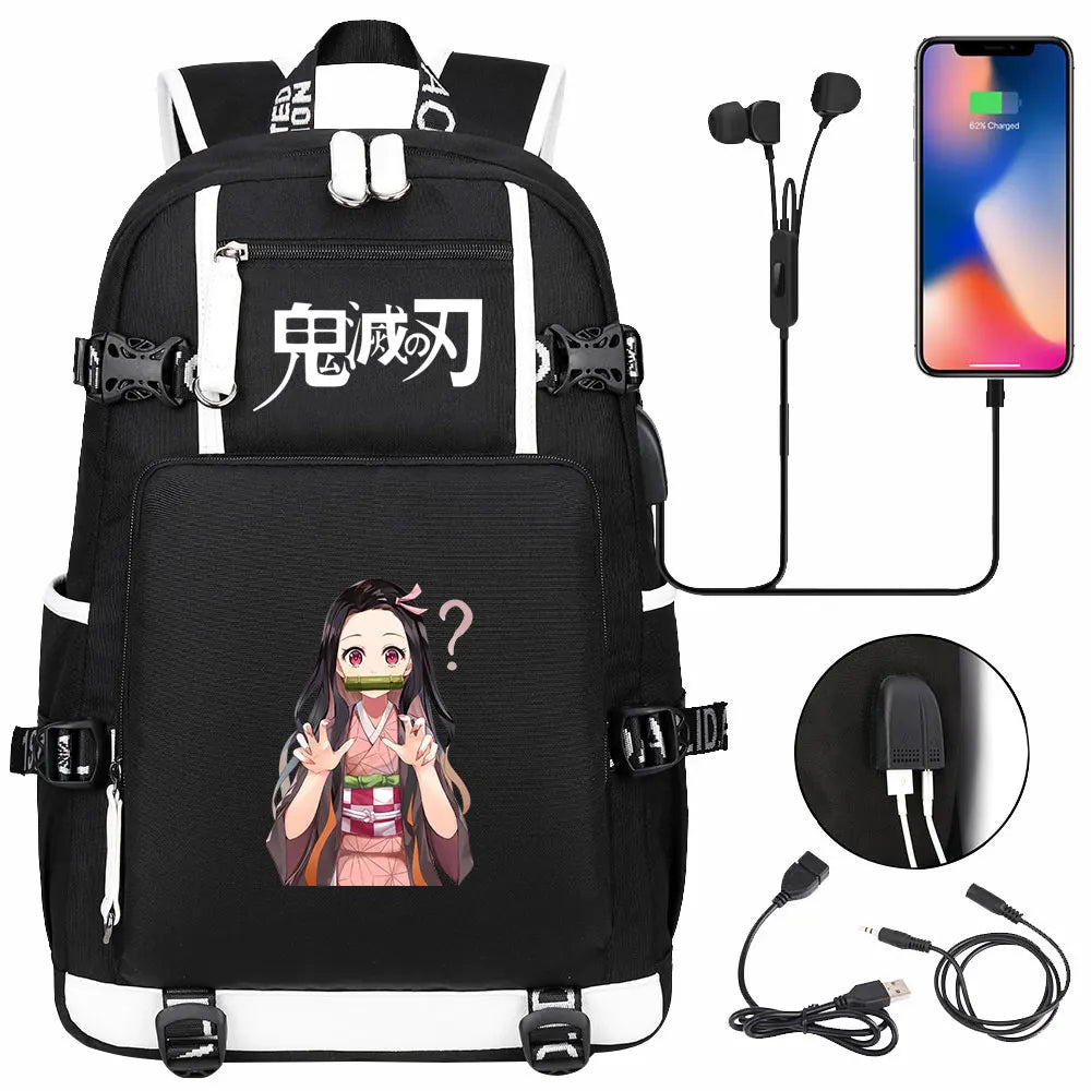 New Cute Anime Demon Slayer Tanjirou USB Boy Girl Book School Bag Large Capacity Teenagers Student Schoolbags Women Men Backpack