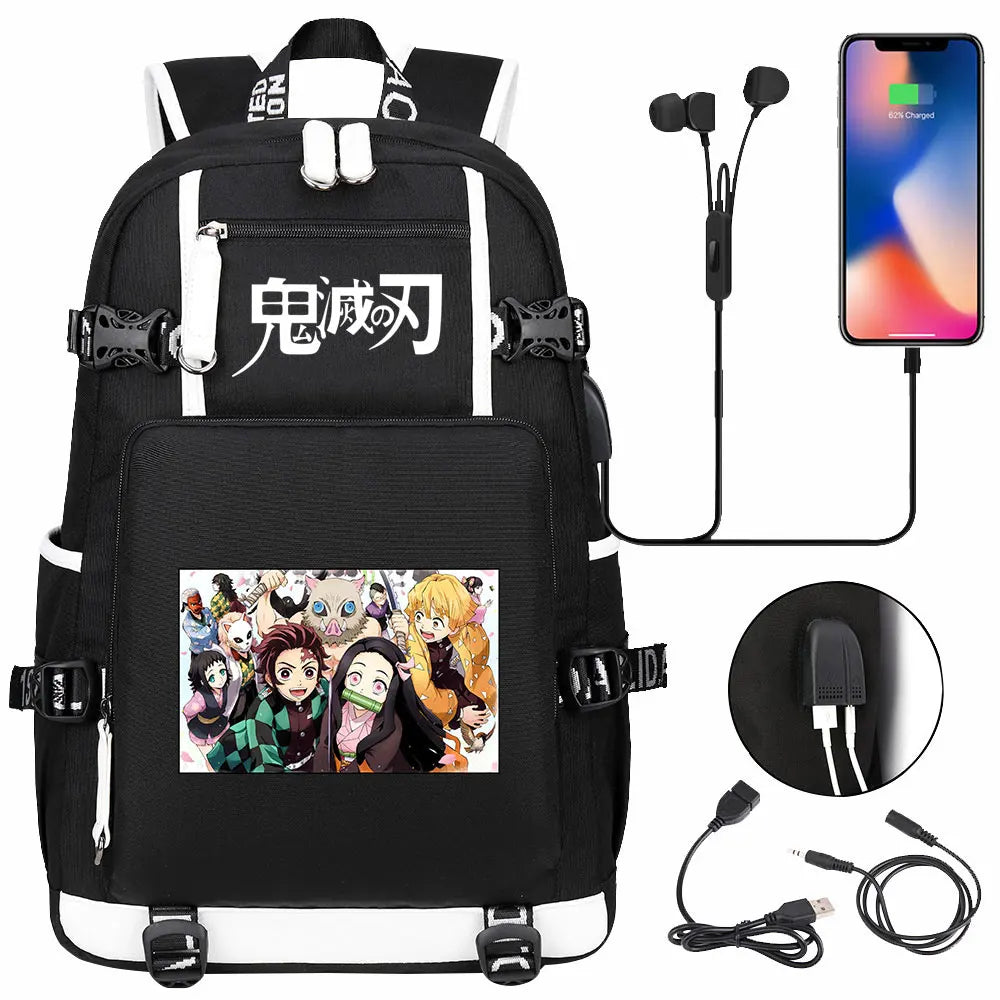 New Cute Anime Demon Slayer Tanjirou USB Boy Girl Book School Bag Large Capacity Teenagers Student Schoolbags Women Men Backpack