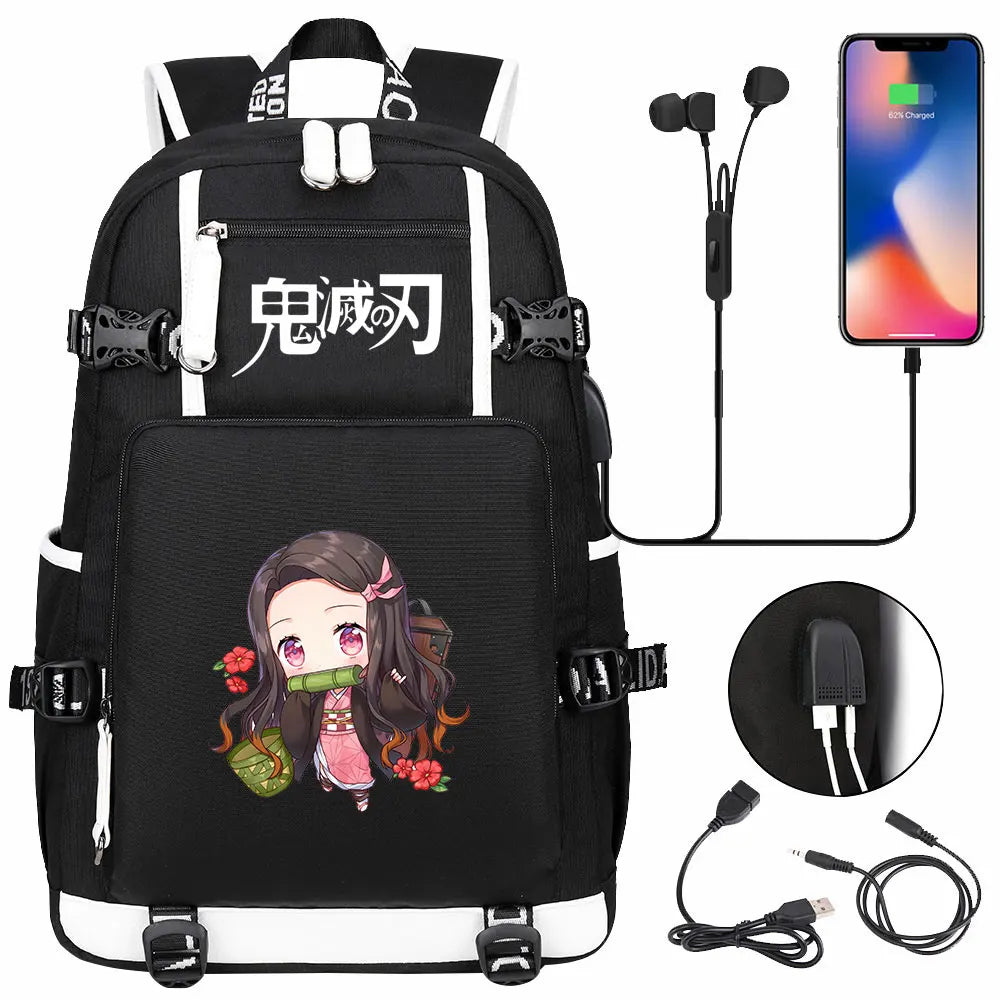 New Cute Anime Demon Slayer Tanjirou USB Boy Girl Book School Bag Large Capacity Teenagers Student Schoolbags Women Men Backpack