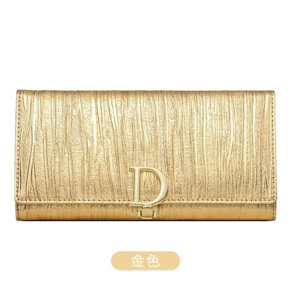 New D-button Ladies Purse Long Leather Striped Cowhide Wallet