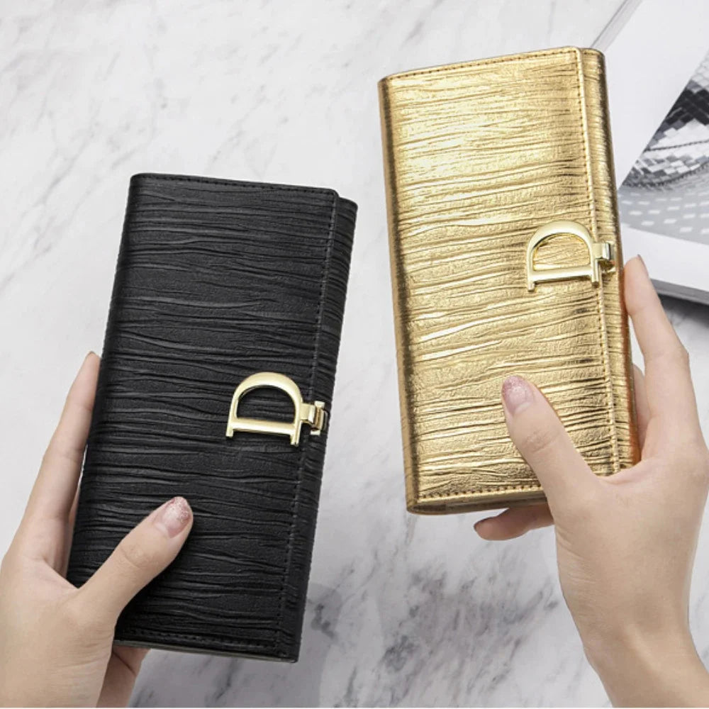 New D-button Ladies Purse Long Leather Striped Cowhide Wallet