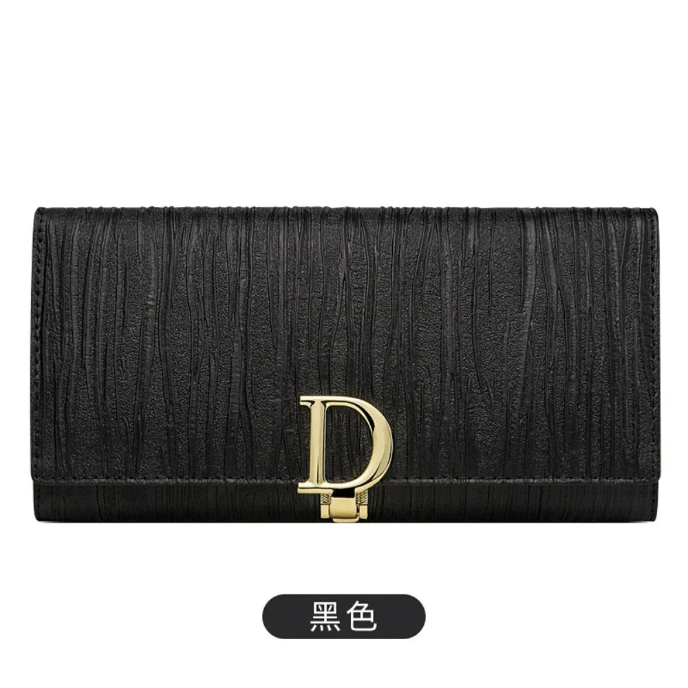 New D-button Ladies Purse Long Leather Striped Cowhide Wallet