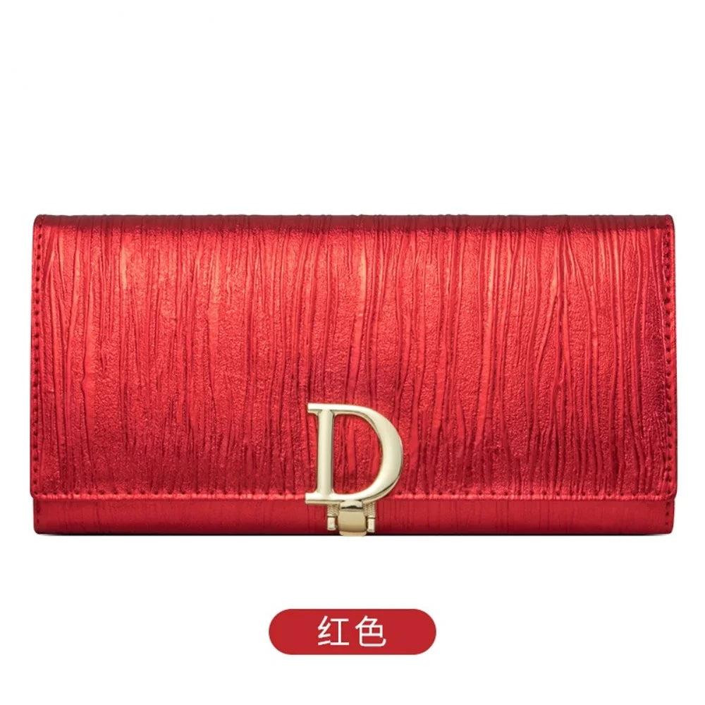 New D-button Ladies Purse Long Leather Striped Cowhide Wallet