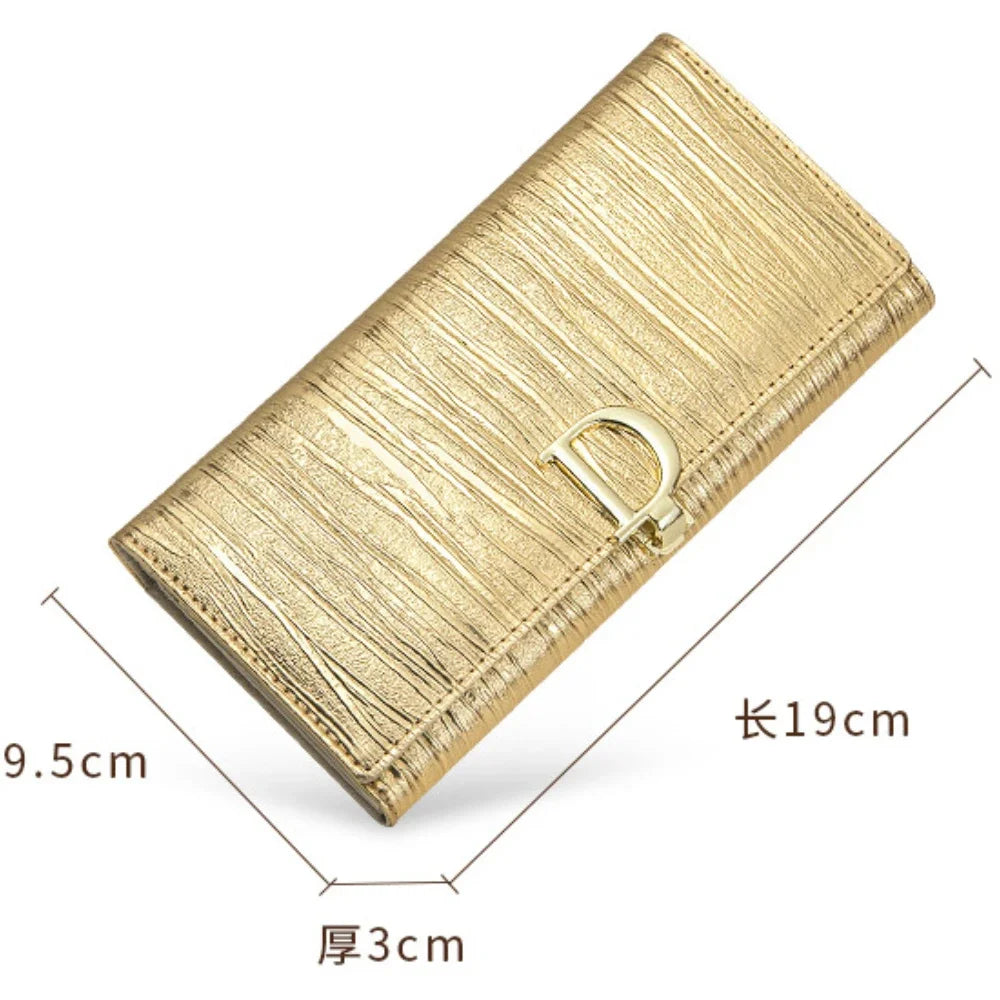 New D-button Ladies Purse Long Leather Striped Cowhide Wallet