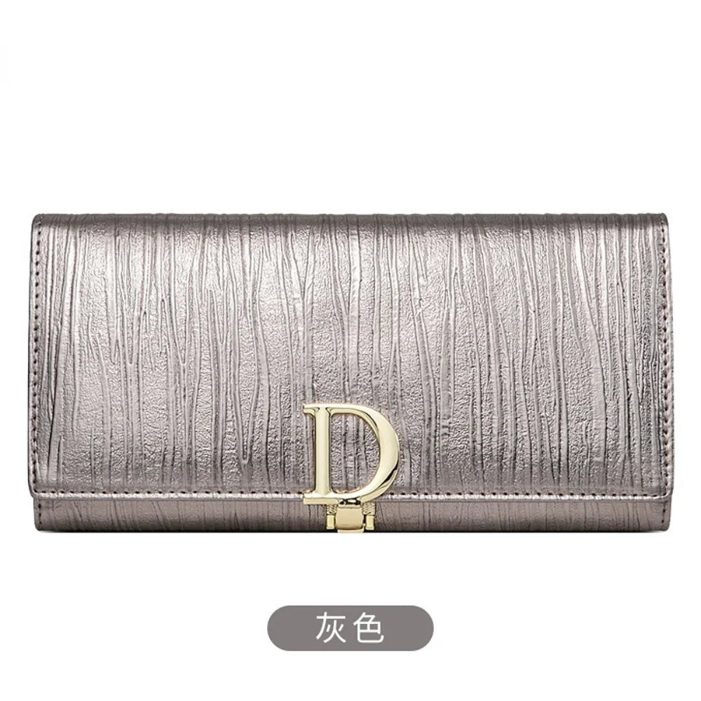New D-button Ladies Purse Long Leather Striped Cowhide Wallet