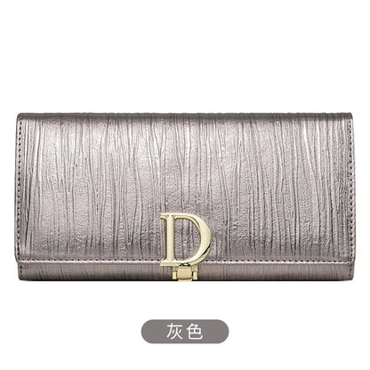 New D-button Ladies Purse Long Leather Striped Cowhide Wallet