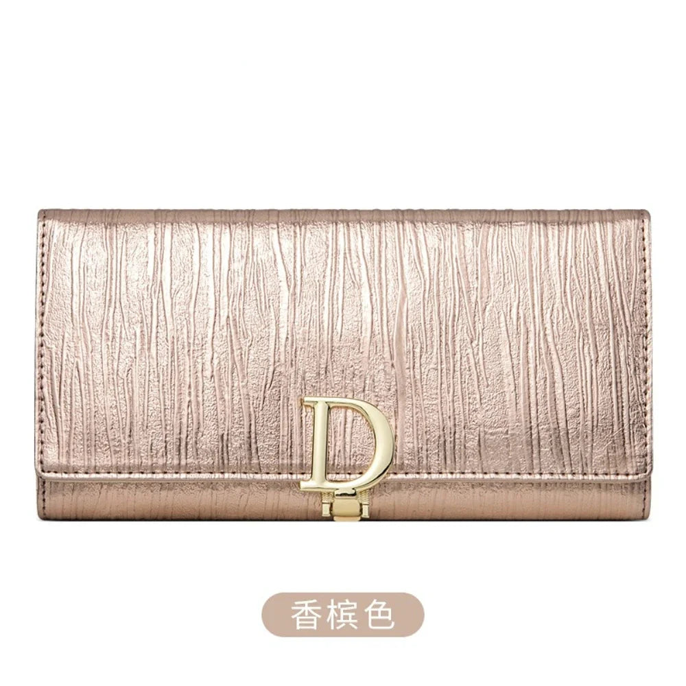 New D-button Ladies Purse Long Leather Striped Cowhide Wallet
