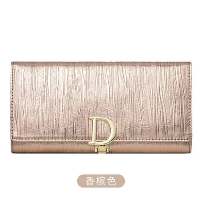 New D-button Ladies Purse Long Leather Striped Cowhide Wallet