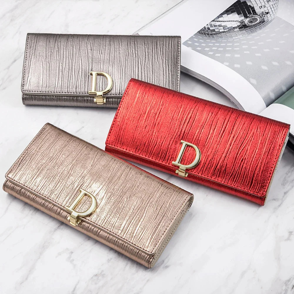 New D-button Ladies Purse Long Leather Striped Cowhide Wallet