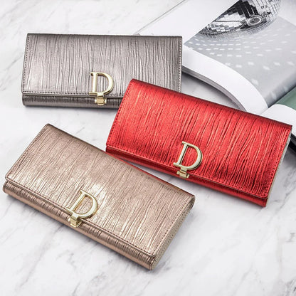 New D-button Ladies Purse Long Leather Striped Cowhide Wallet
