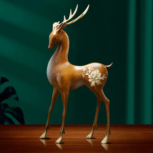 New Deer Statue Ornament Fine Brass Animal Figurine Office Desktop Home Decoration Luxury Entrance TV Cabinet Furnishings Gifts