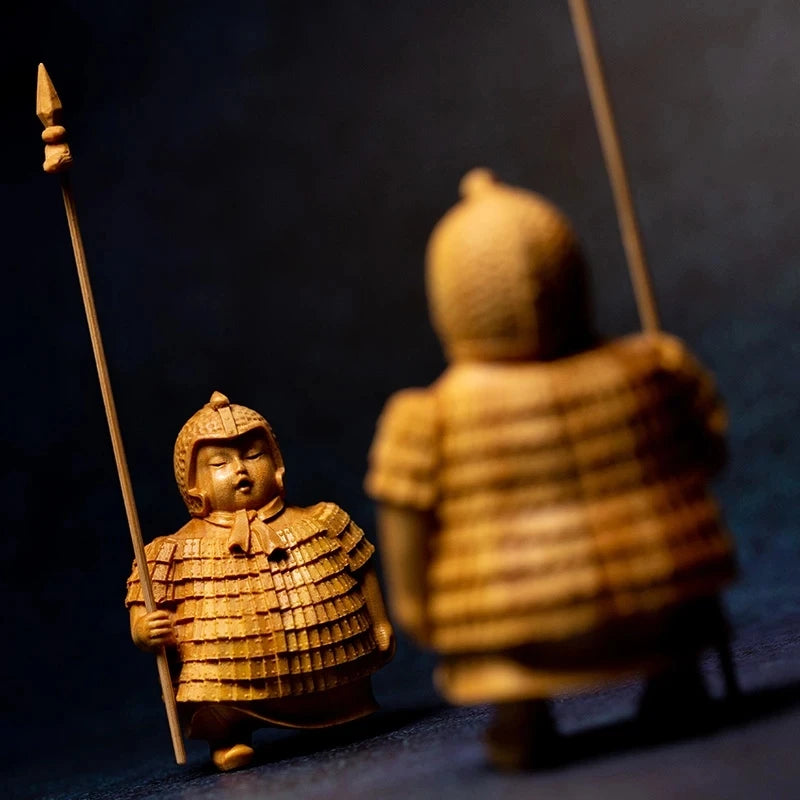 New Delicate Terracotta Warrior Wood Sculptures Retro Chinese Wooden Statues Manual Sculpture Decorations For The H
