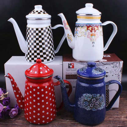 New Ethnic Style Enamel Milk Tea Pot Kettle Oil Pot Vinegar Pot Coffee Pot Tea Cooling Kettle Kitchen Supplies Hot AndCoolKettle
