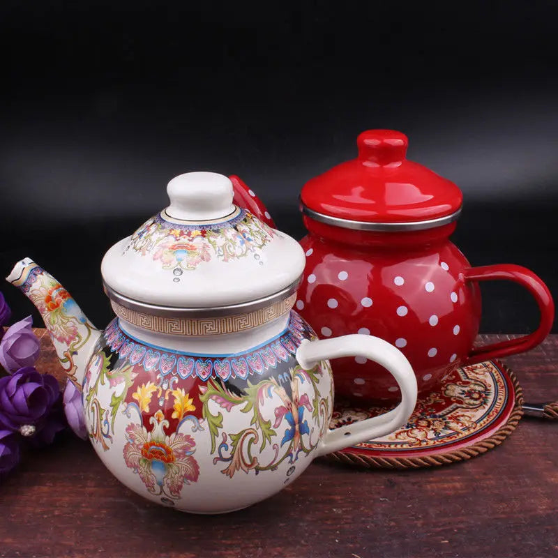 New Ethnic Style Enamel Milk Tea Pot Kettle Oil Pot Vinegar Pot Coffee Pot Tea Cooling Kettle Kitchen Supplies Hot AndCoolKettle