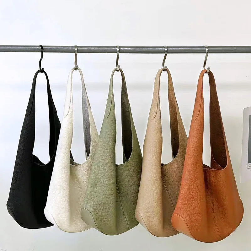 New Fashion Bucket Bag Genuine Leather Simple Large Capacity Tote Bags Women Casual Solid Color Underarm Shoulder Bag 2024