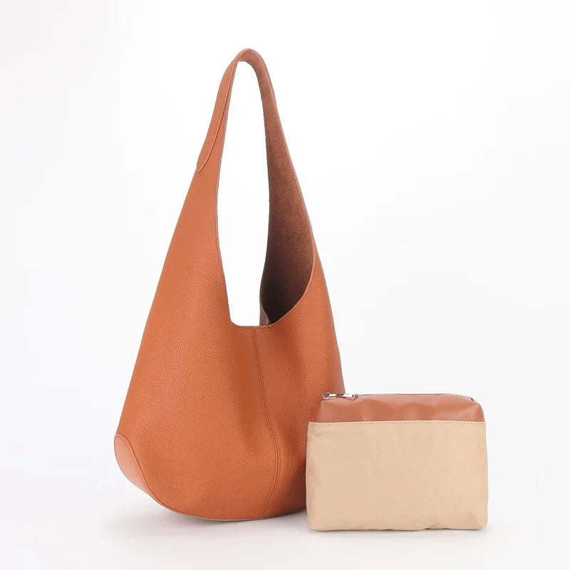 New Fashion Bucket Bag Genuine Leather Simple Large Capacity Tote Bags Women Casual Solid Color Underarm Shoulder Bag 2024