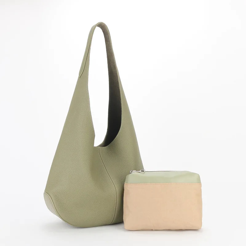 New Fashion Bucket Bag Genuine Leather Simple Large Capacity Tote Bags Women Casual Solid Color Underarm Shoulder Bag 2024