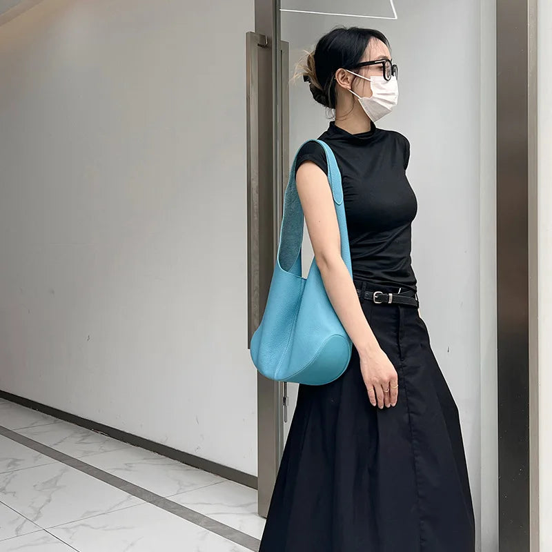 New Fashion Bucket Bag Genuine Leather Simple Large Capacity Tote Bags Women Casual Solid Color Underarm Shoulder Bag 2024