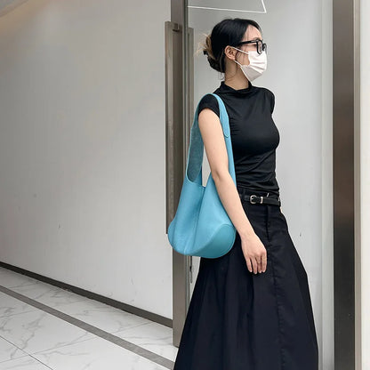 New Fashion Bucket Bag Genuine Leather Simple Large Capacity Tote Bags Women Casual Solid Color Underarm Shoulder Bag 2024