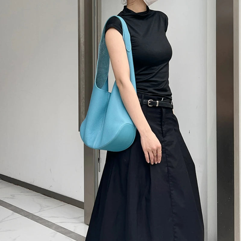 New Fashion Bucket Bag Genuine Leather Simple Large Capacity Tote Bags Women Casual Solid Color Underarm Shoulder Bag 2024