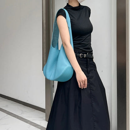 New Fashion Bucket Bag Genuine Leather Simple Large Capacity Tote Bags Women Casual Solid Color Underarm Shoulder Bag 2024