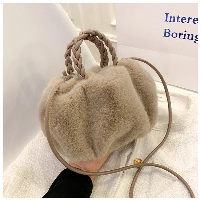 New Fashion Faux Mink Fur Plush Ladies Shoulder Bucket Bags Luxury Designer Women Handbags Female Crossbody Bag Clutch Purse