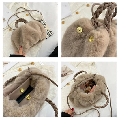 New Fashion Faux Mink Fur Plush Ladies Shoulder Bucket Bags Luxury Designer Women Handbags Female Crossbody Bag Clutch Purse