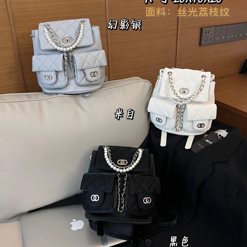 New Fashion High-quality Small Fragrant Rhombus Schoolbag Backpack Simple Texture Commuter Travel Backpack Large-capacity Bag