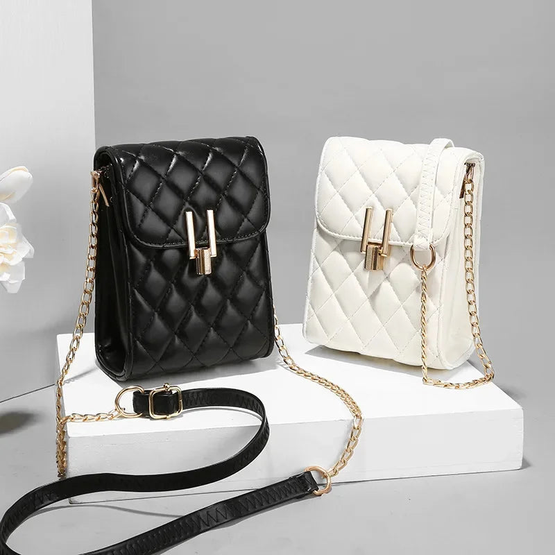 New Fashion PU Lozenge Plaid Mobile Phone Simple Chain Slant Western Style Single Shoulder Bag Ladies
