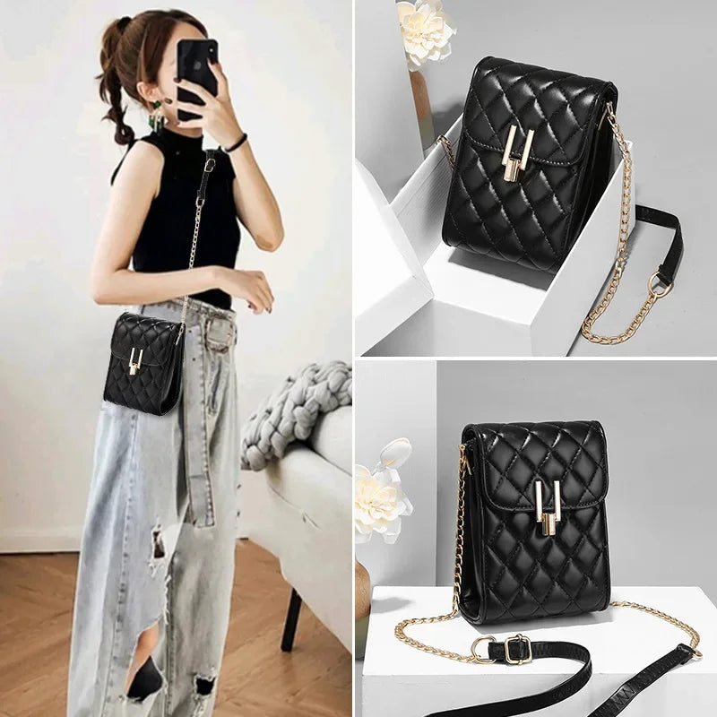 New Fashion PU Lozenge Plaid Mobile Phone Simple Chain Slant Western Style Single Shoulder Bag Ladies