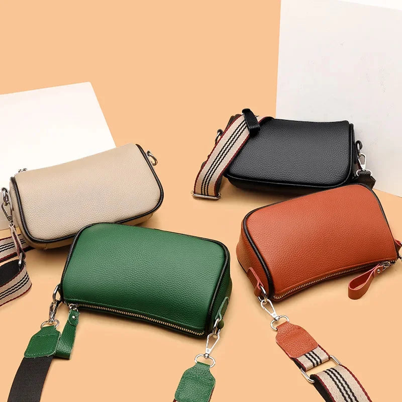 New Fashion Simple Genuine Leather Women's 100% Cowhide Ladies Wide Shoulder Strap Crossbody Mobile Phone Bag
