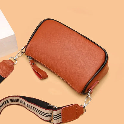 New Fashion Simple Genuine Leather Women's 100% Cowhide Ladies Wide Shoulder Strap Crossbody Mobile Phone Bag