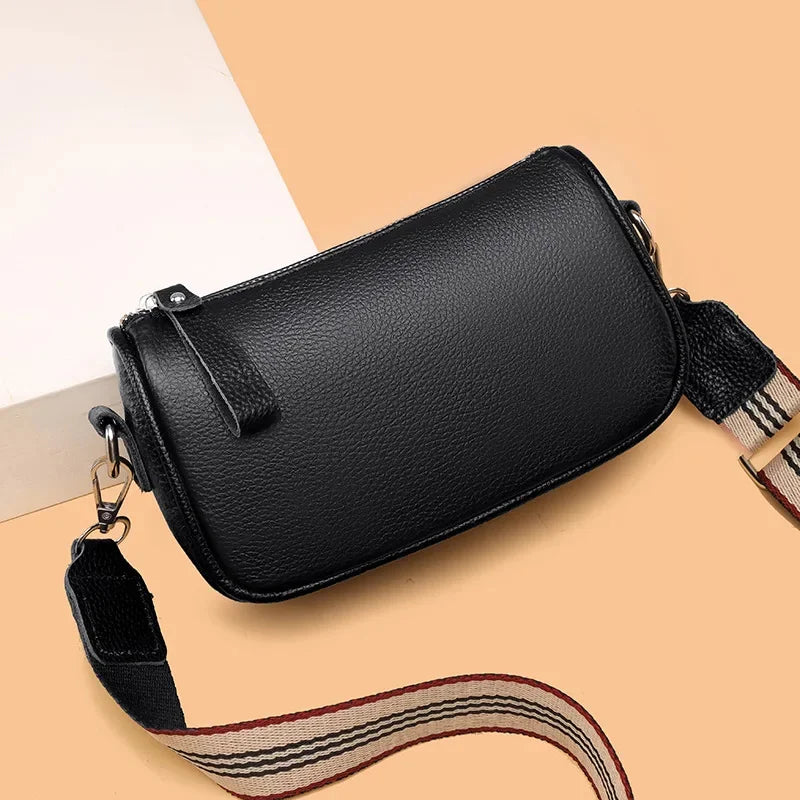 New Fashion Simple Genuine Leather Women's 100% Cowhide Ladies Wide Shoulder Strap Crossbody Mobile Phone Bag