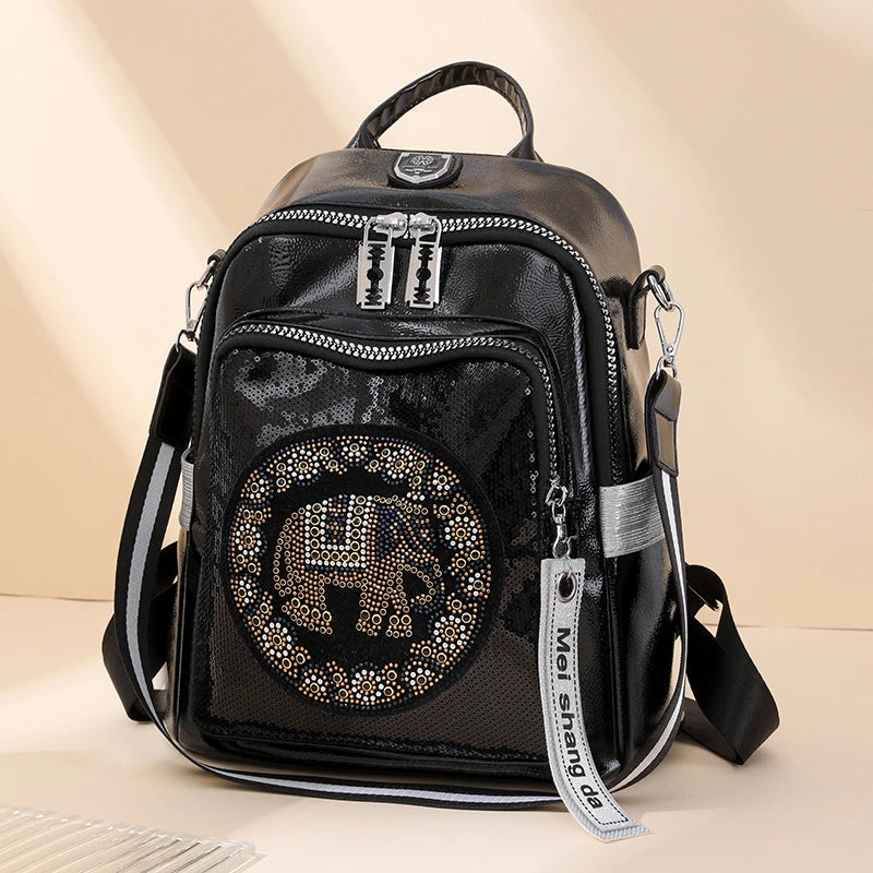 New Fashion Trend Diamond Inlaid Women's Backpack High Quality Soft Leather Female Shoulder Bag Large Capacity Girl Travel Bags