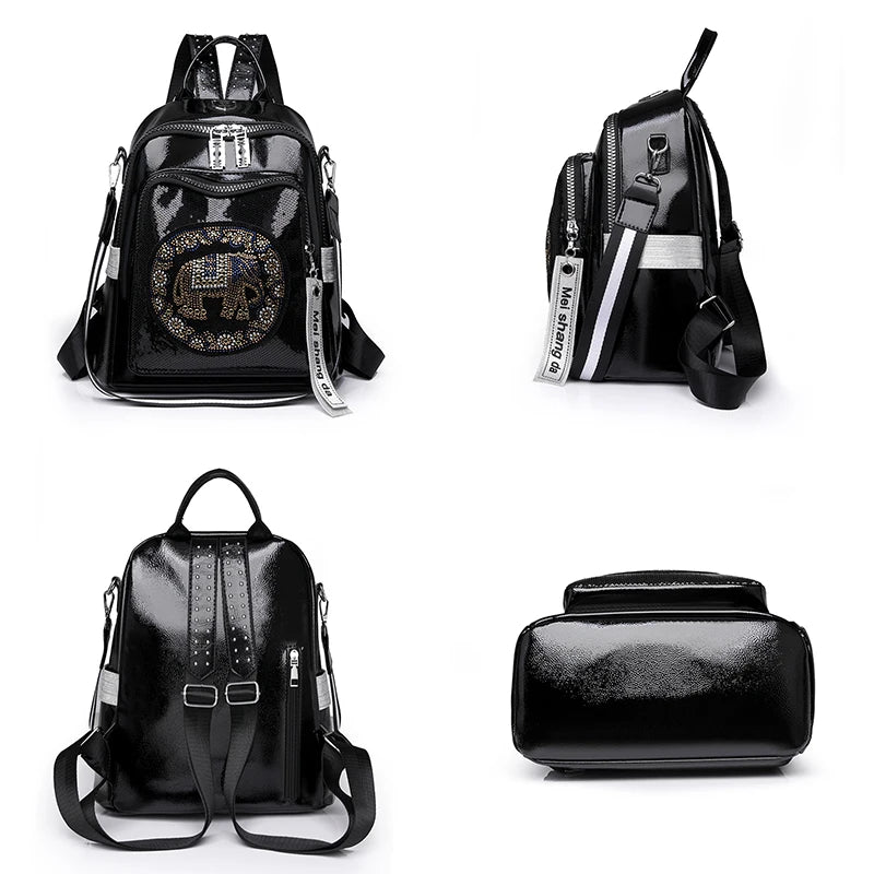 New Fashion Trend Diamond Inlaid Women's Backpack High Quality Soft Leather Female Shoulder Bag Large Capacity Girl Travel Bags