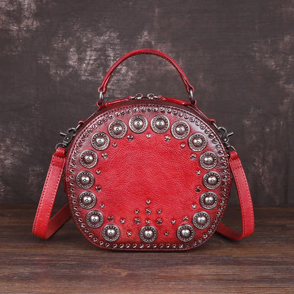 New Fashion Vintage Genuine Leather Luxury Crossbody Bags Handmade Rivet Round Handbag Ladies Top-handle Bag Luxury Bolsos
