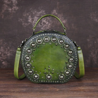 New Fashion Vintage Genuine Leather Luxury Crossbody Bags Handmade Rivet Round Handbag Ladies Top-handle Bag Luxury Bolsos