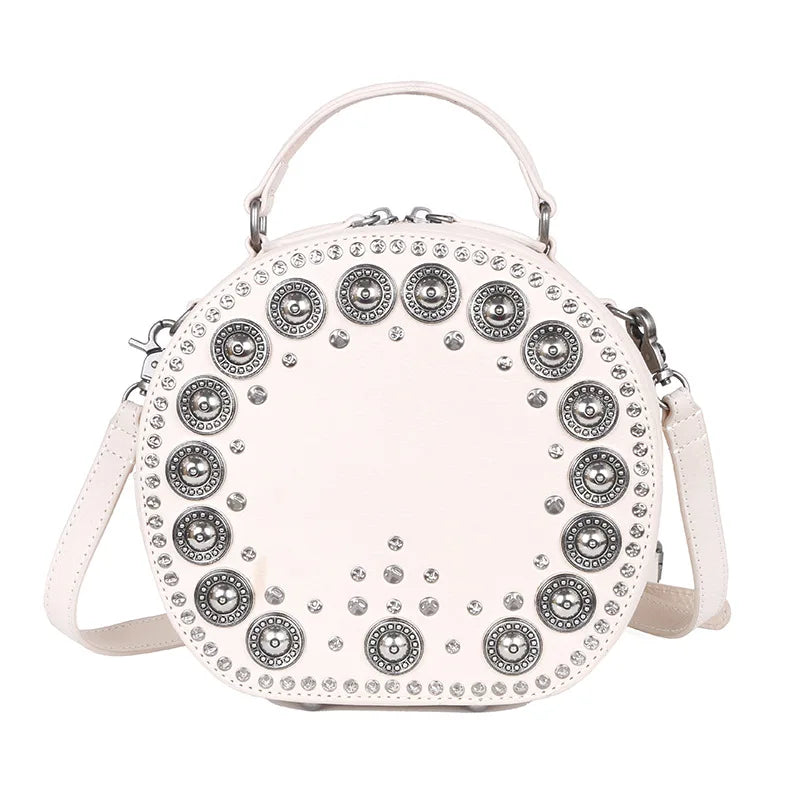 New Fashion Vintage Genuine Leather Luxury Crossbody Bags Handmade Rivet Round Handbag Ladies Top-handle Bag Luxury Bolsos