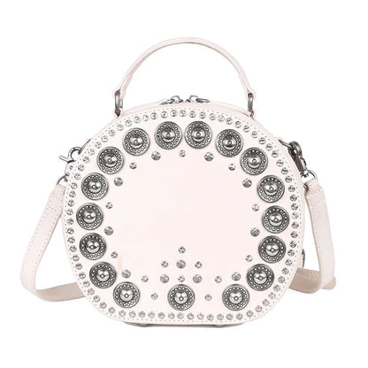 New Fashion Vintage Genuine Leather Luxury Crossbody Bags Handmade Rivet Round Handbag Ladies Top-handle Bag Luxury Bolsos
