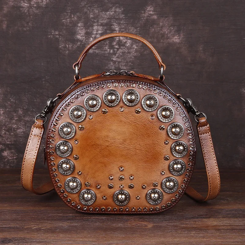 New Fashion Vintage Genuine Leather Luxury Crossbody Bags Handmade Rivet Round Handbag Ladies Top-handle Bag Luxury Bolsos
