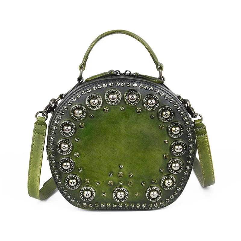 New Fashion Vintage Genuine Leather Luxury Crossbody Bags Handmade Rivet Round Handbag Ladies Top-handle Bag Luxury Bolsos