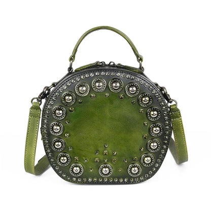 New Fashion Vintage Genuine Leather Luxury Crossbody Bags Handmade Rivet Round Handbag Ladies Top-handle Bag Luxury Bolsos