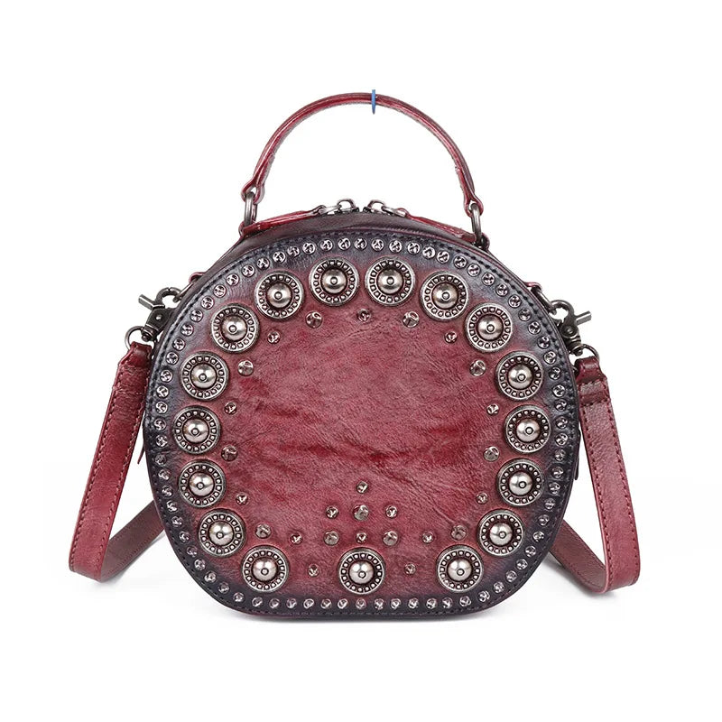New Fashion Vintage Genuine Leather Luxury Crossbody Bags Handmade Rivet Round Handbag Ladies Top-handle Bag Luxury Bolsos