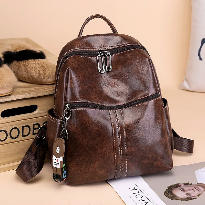 New Fashion Women Multifunctional Casual Backpack Female Large Capacity Solid Color Satchel with Bear Pendant for Girls Backpack