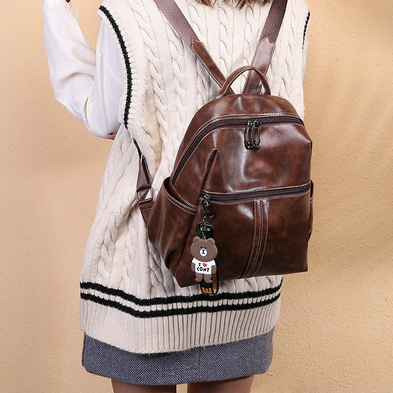 New Fashion Women Multifunctional Casual Backpack Female Large Capacity Solid Color Satchel with Bear Pendant for Girls Backpack