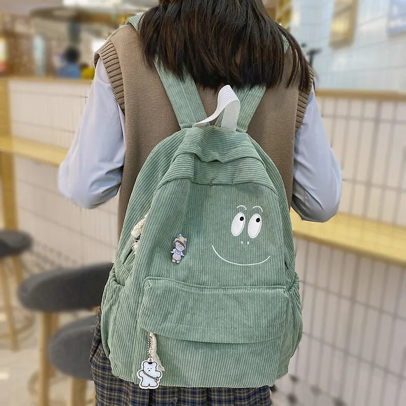 New Female Kawaii Corduroy Laptop College Backpack Trendy Girl Green Cool Cute Bag Fashion Women School Bag Lady Travel Backpack